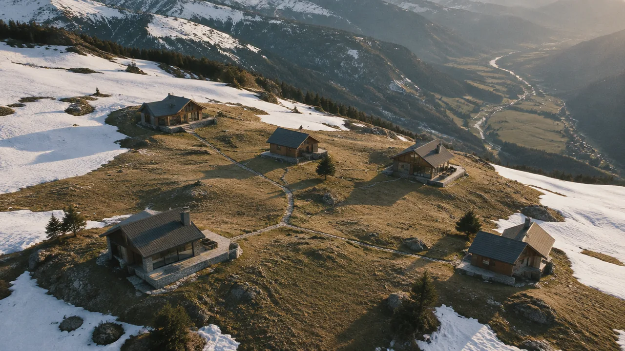 Fünf Chalets auf einem Hochplateau, Wege verbinden sie, dahinter ein Tal.