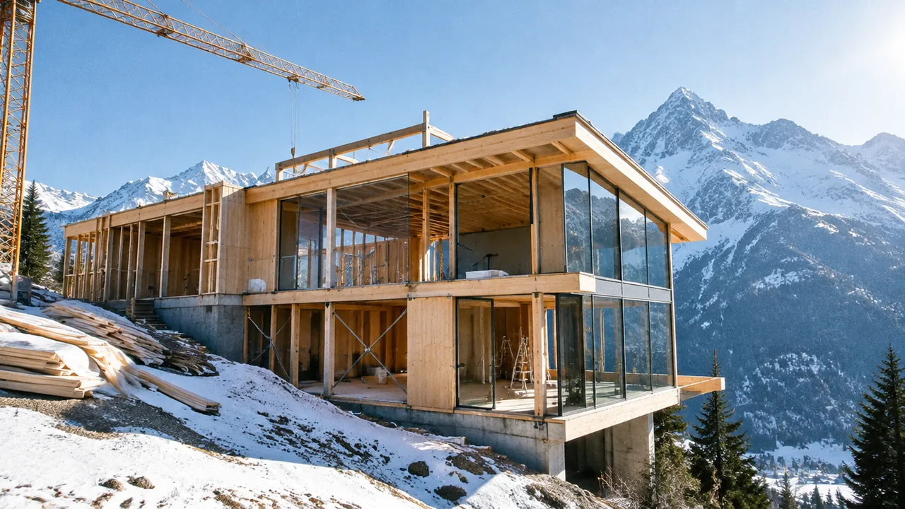 Ein Holz- und Glasbau im Rohbau am Hang, ein Kran darüber.