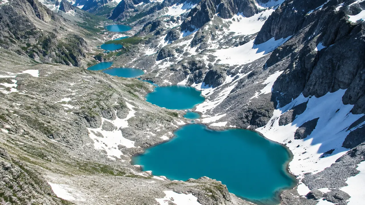 Mehrere getrennte Bergseen zwischen Fels und Schnee, von oben gesehen.