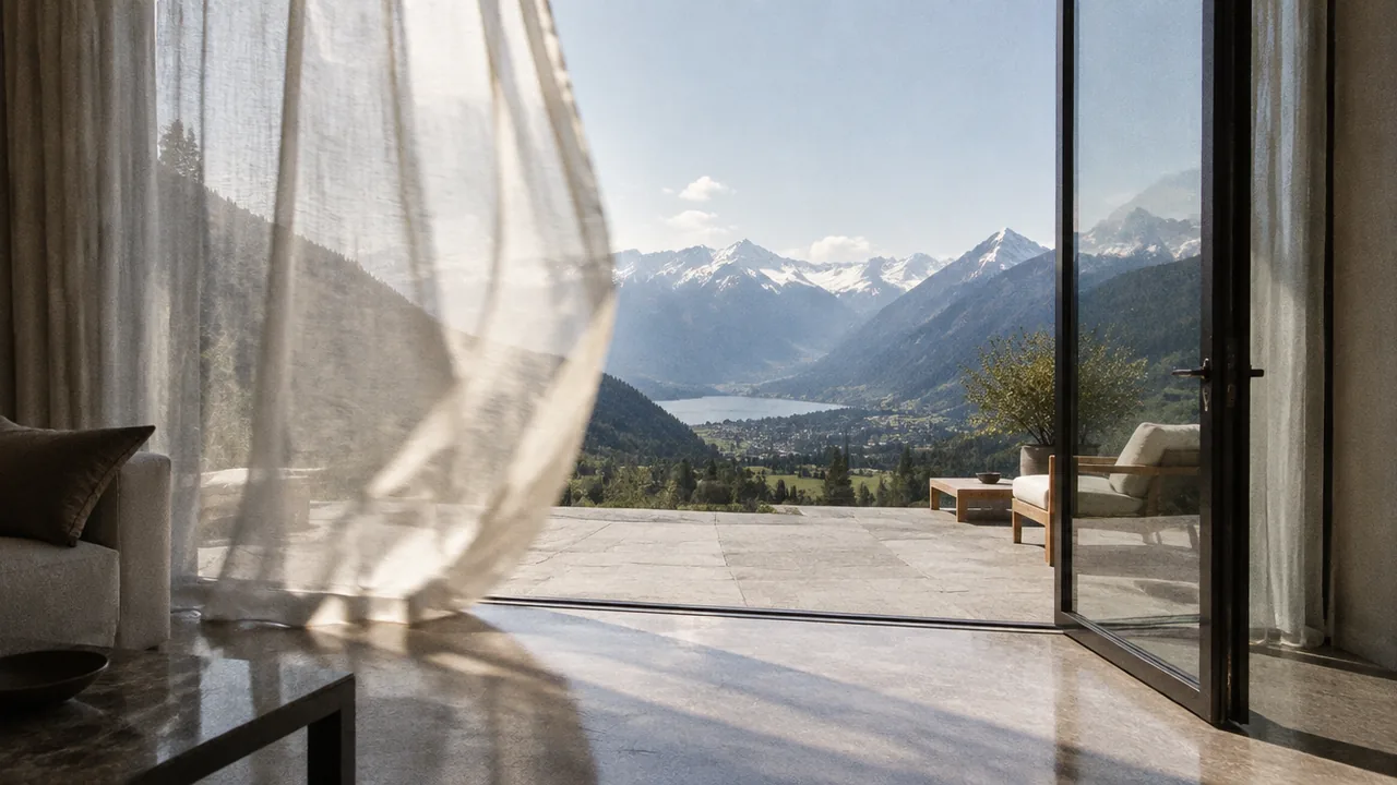 Eine offene Glastür zur Terrasse, ein Vorhang weht, dahinter Berge.