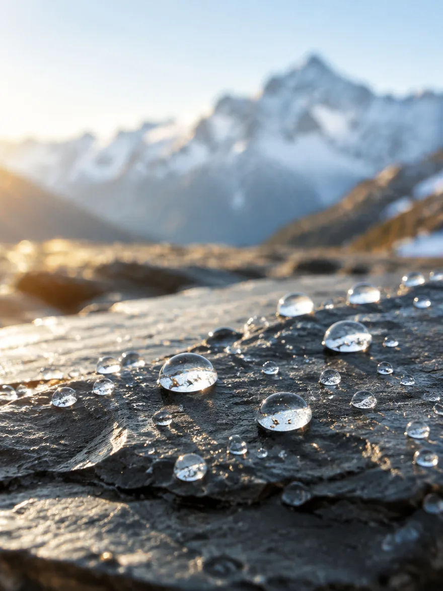 Tautropfen auf einer Schieferplatte, dahinter verschneite Berge im Morgenlicht.