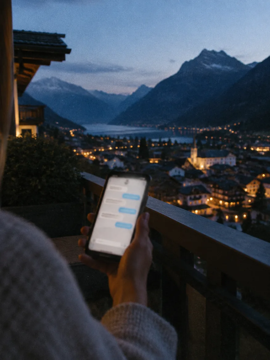 Eine Hand hält ein Telefon mit Nachrichtenverlauf über einem Dorf am Abend.