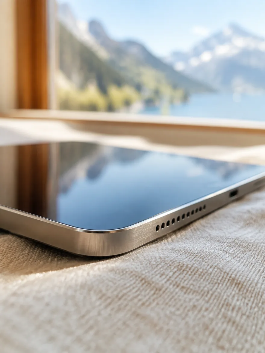 Die Kante eines Tablets auf einem Leinentuch, im Fenster ein Bergsee.
