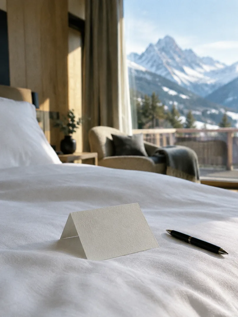 Eine gefaltete leere Karte und ein Stift liegen auf einem Hotelbett.