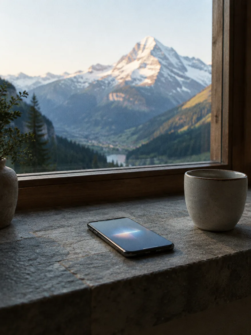 Ein Telefon liegt auf einem Fenstersims aus Stein, dahinter ein Berggipfel.