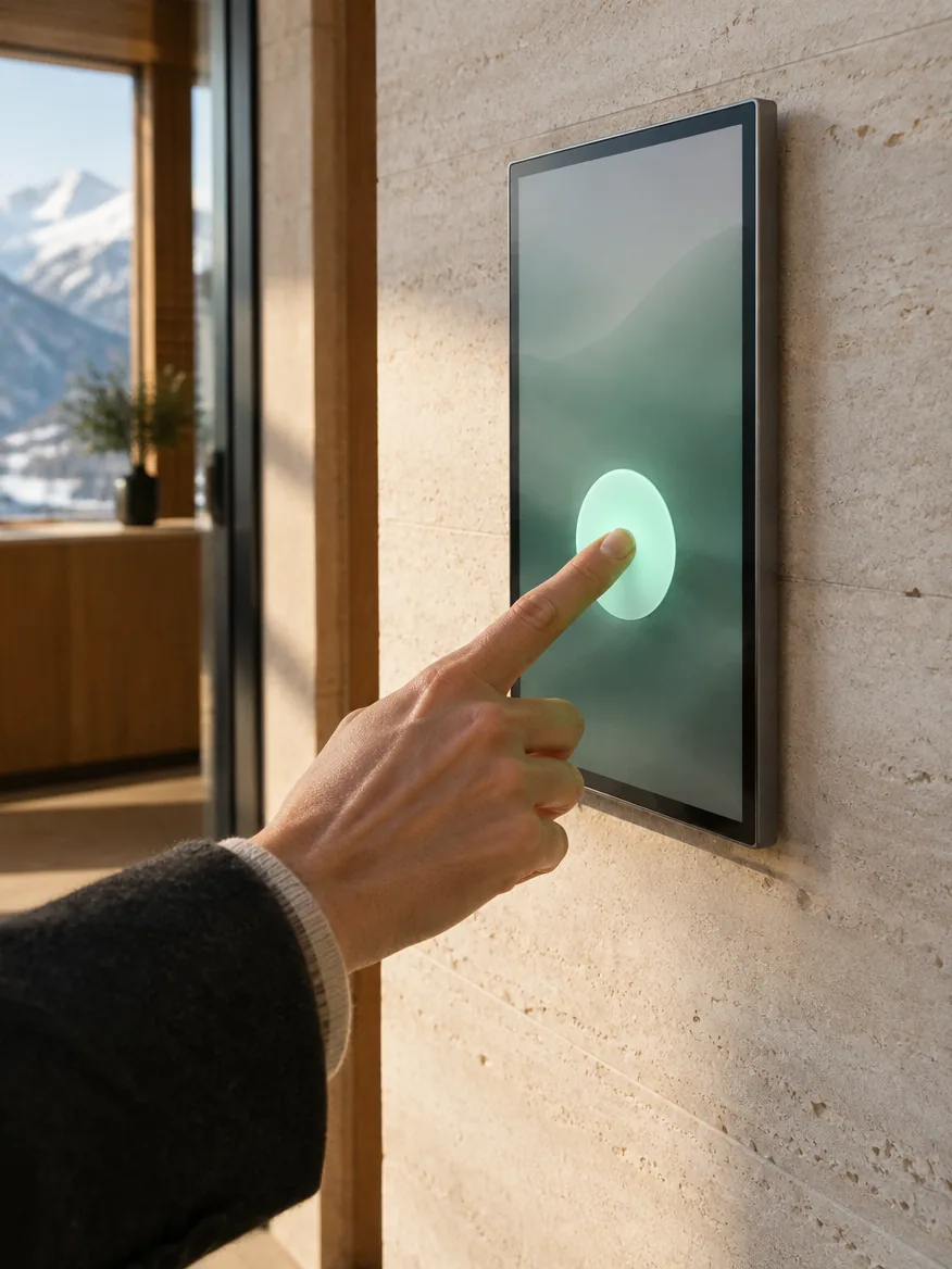 Ein Finger drückt einen leuchtenden Knopf auf einem Tablet an der Wand.